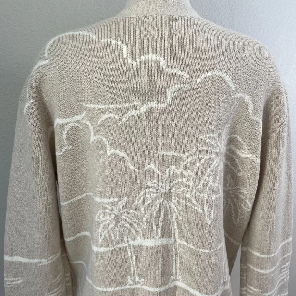 Lands End Womens Medium Beige‎ Cardigan Palm Tree Cotton Button Up Sweater